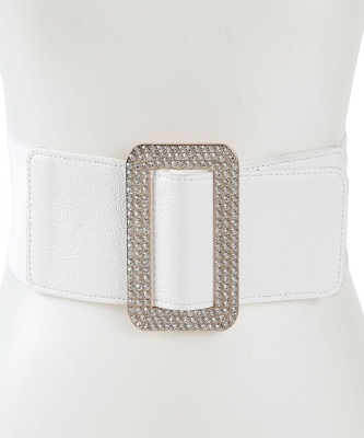 Big Square Rhinestone Buckle Point Fashion Stretch Belt BT320044 WHITE